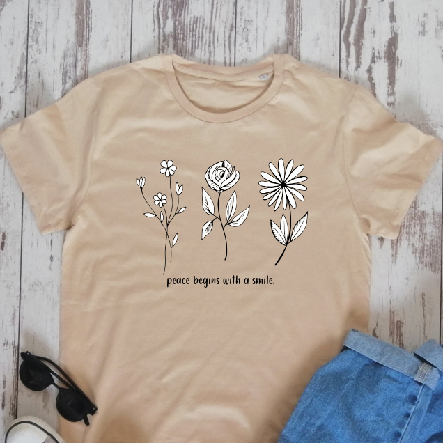 Smėlio spalvos ekologiškos medvilnės marškinėliai "Peace"