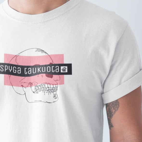 Balti marškinėliai unisex "Špyga taukuota kaukolė“
