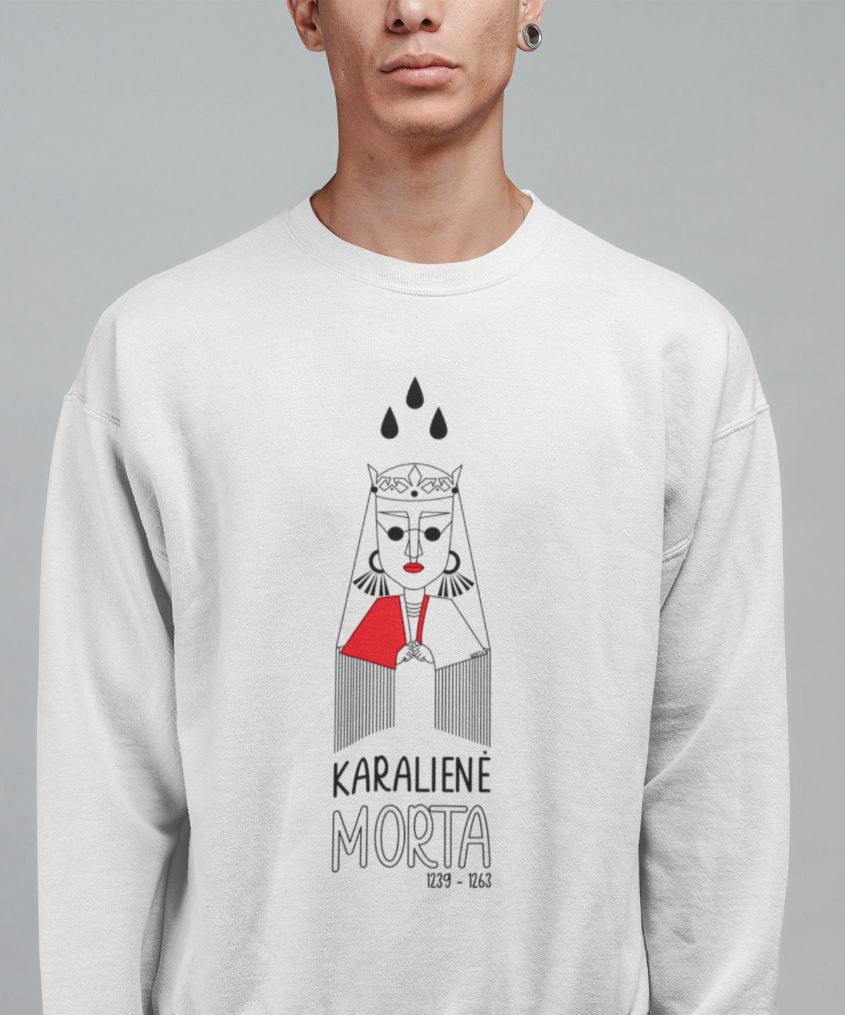 Baltas UNISEX džemperis "KARALIENĖ MORTA SU UŽRAŠU"