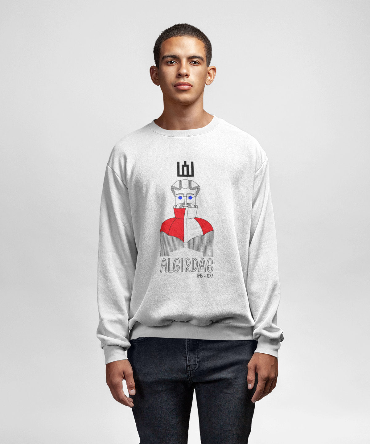 Baltas UNISEX džemperis "LDK KUNIGAIKŠTIS ALGIRDAS SU UŽRAŠU"
