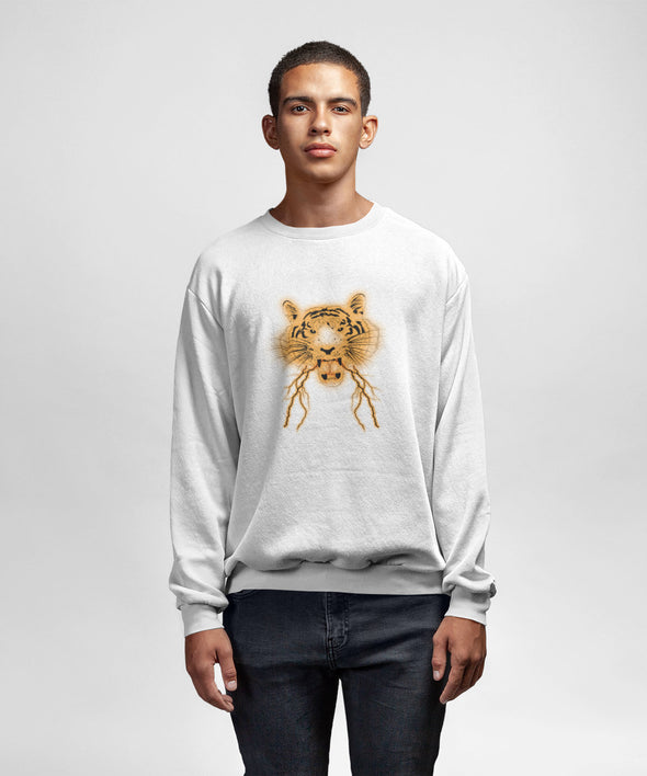 Baltas UNISEX džemperis be gobtuvo "Žaibų tigras"