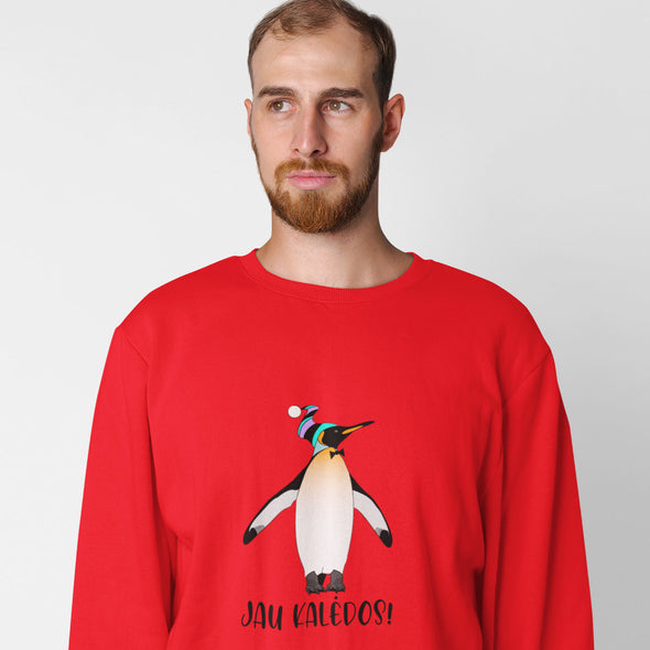 Raudoni UNISEX kalėdiniai džemperiai be gobtuvo "Pingvinų Kalėdos"