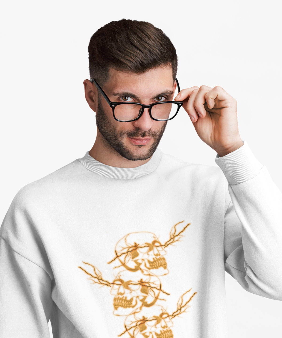 Baltas UNISEX džemperis be gobtuvo "Žaibų kaukolės"