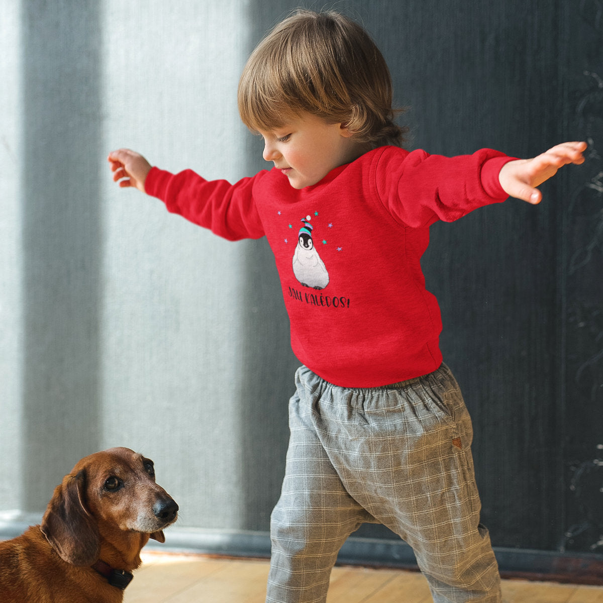 Raudonas vaikiškas džemperis "Pingvinų Kalėdos" (3-4m., 7-8m.) ŠIURPNAKČIO PASIŪLYMAS