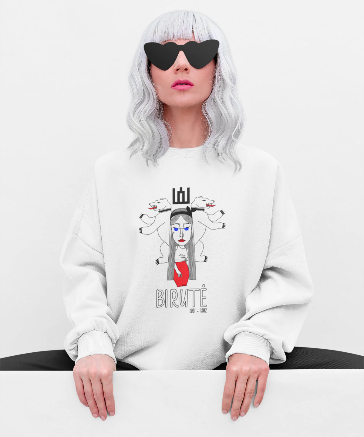 Baltas UNISEX džemperis "LDK KUNIGAIKŠTIENĖ BIRUTĖ SU UŽRAŠU"