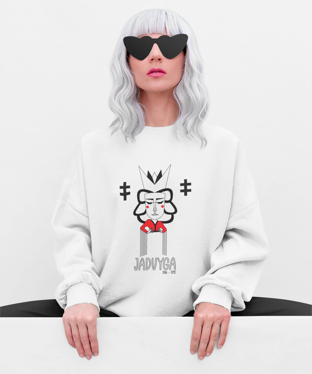 Baltas UNISEX džemperis "LDK KUNIGAIKŠTIENĖ JADVYGA SU UŽRAŠU"