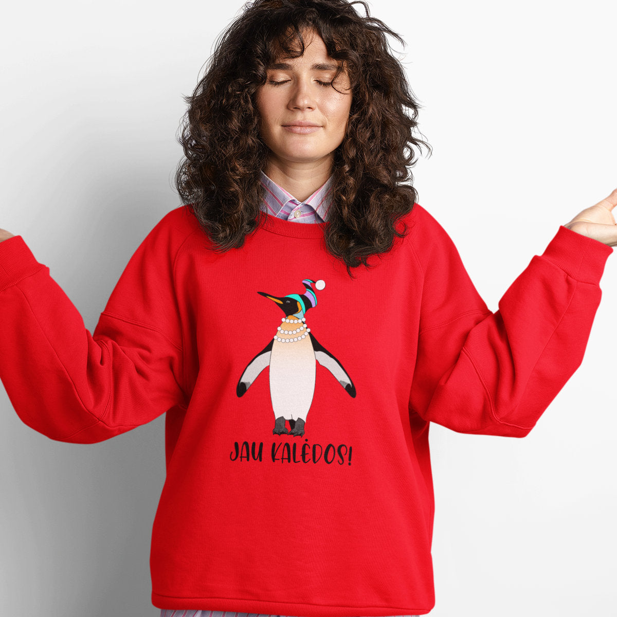 Raudonas UNISEX džemperis be gobtuvo "Pingvinų Kalėdos" (S dydis) ŠIURPNAKČIO PASIŪLYMAS