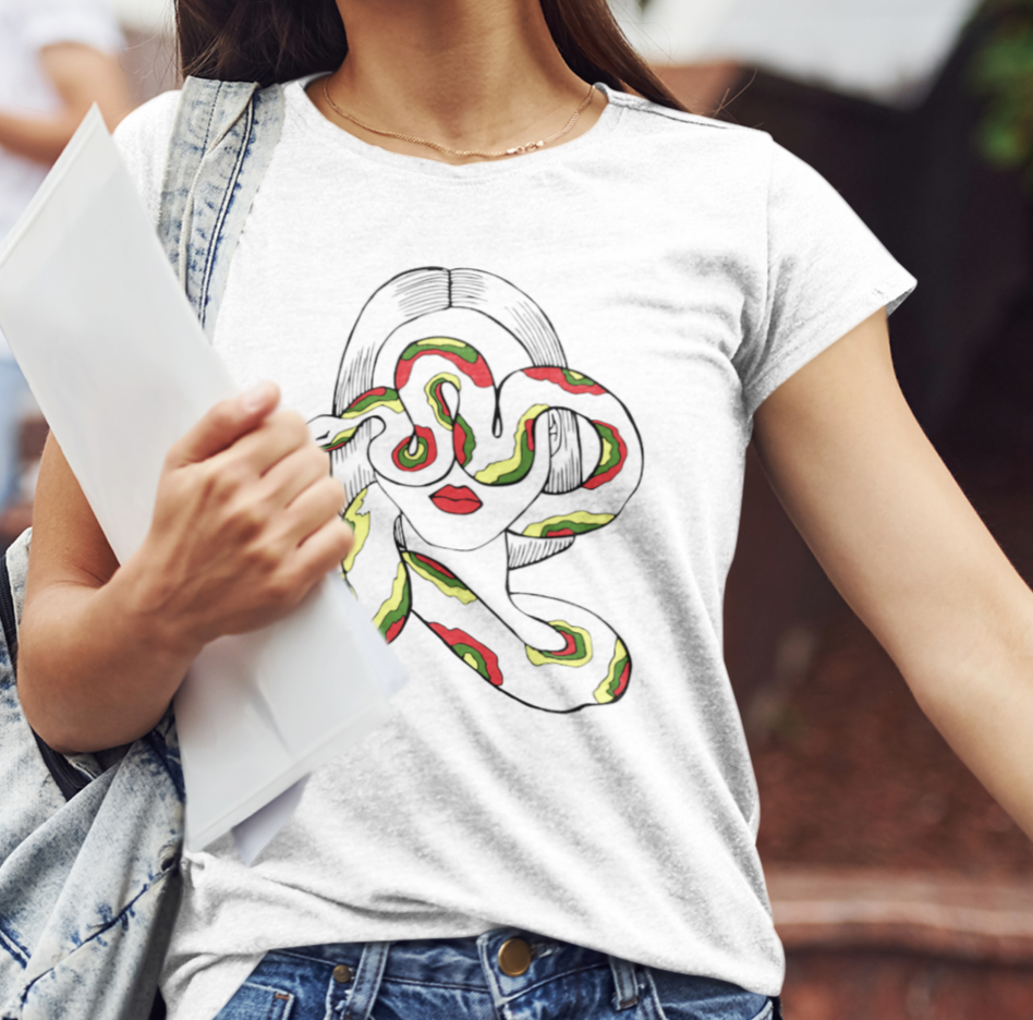 Balti moteriški marškinėliai "Lietuvė su gyvate"