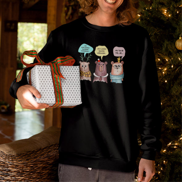 Juodas UNISEX kalėdinis džemperis be gobtuvo "Trys meškinai"