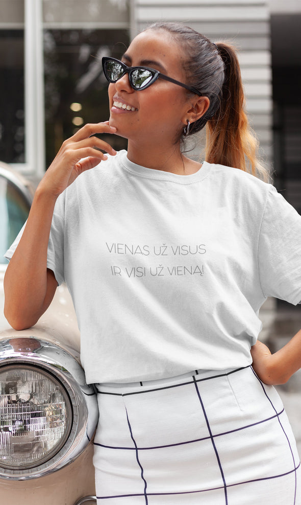 Balti UNISEX marškinėliai "Vienas už visus ir visi už vieną"