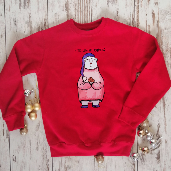Vaikiškas raudonas kalėdinis megztinis "A tai jau vėl Kalėdos"