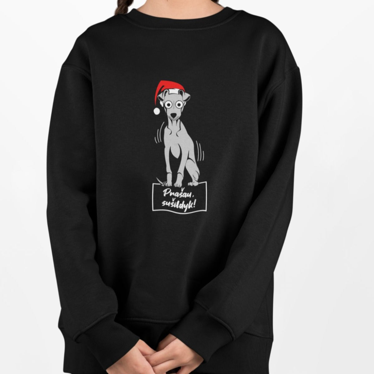 Vaikiškas juodas kalėdinis džemperis "Prašau sušildyk"