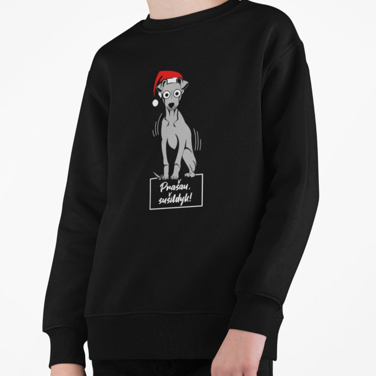 Vaikiškas juodas kalėdinis džemperis "Prašau sušildyk"