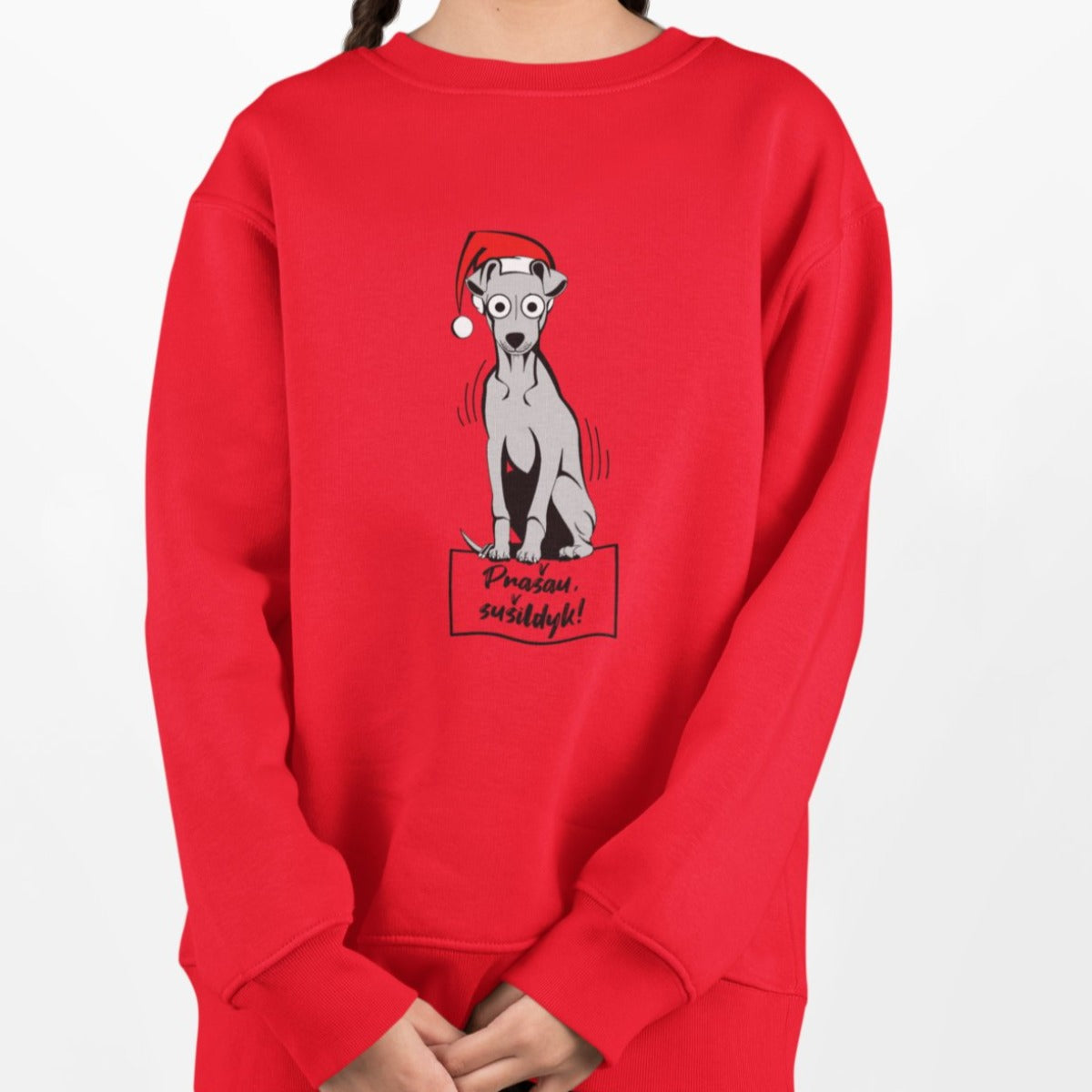 Vaikiškas raudonas kalėdinis džemperis "Prašau sušildyk"