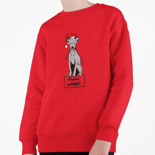 Vaikiškas raudonas kalėdinis džemperis "Prašau sušildyk"