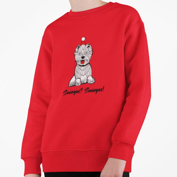 Vaikiškas raudonas kalėdinis džemperis "Sniegas? Sniegas!"