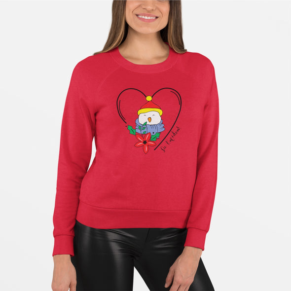 Raudonas UNISEX kalėdinis džemperis be gobtuvo "Pingvinas su violetiniu šaliku"