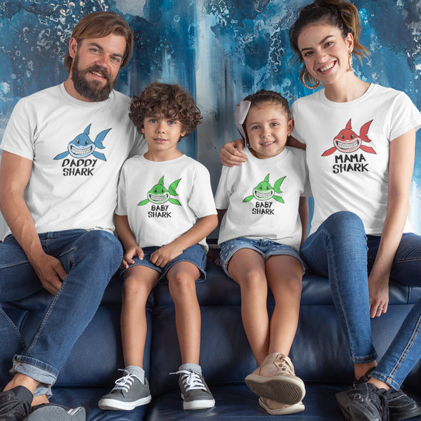 Balti marškinėliai šeimoms "Shark family" Vyriškas dizainas
