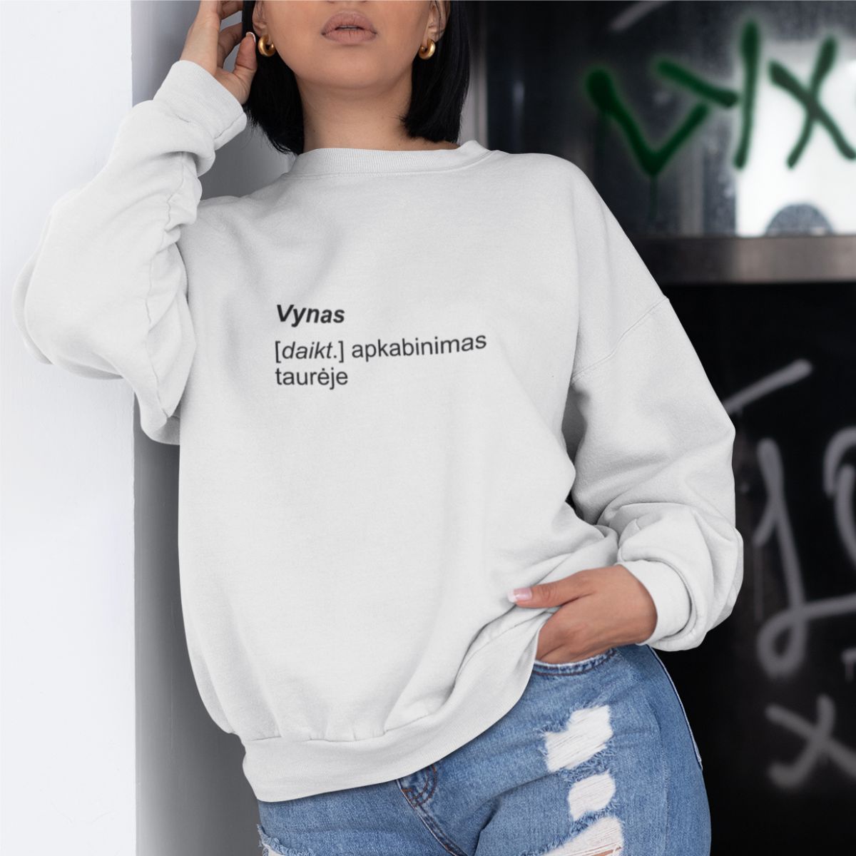 Baltas UNISEX džemperis be gobtuvo "Vynas aprašymas"