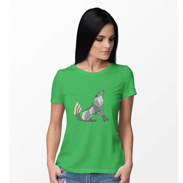Žali moteriški marškinėliai "Geležinis vilkas su trispalve"