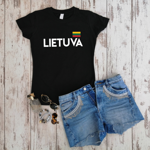 Juodi moteriški marškinėliai "Lietuva su maža vėliava"
