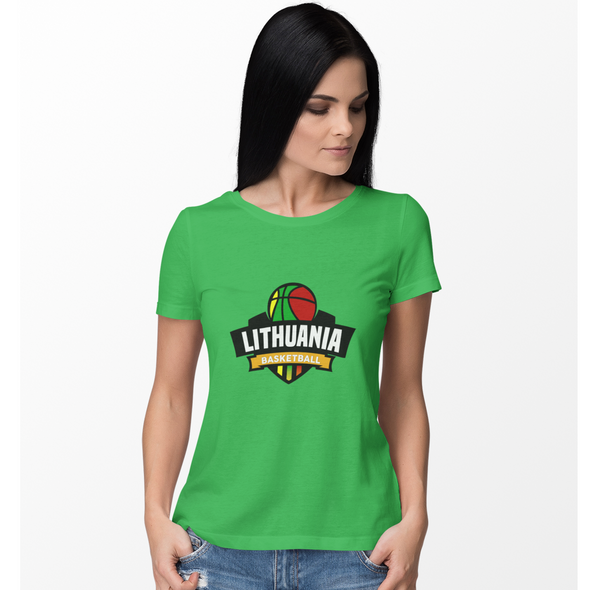 Žali moteriški marškinėliai "Lithuania basketball kamuolys su trispalve"