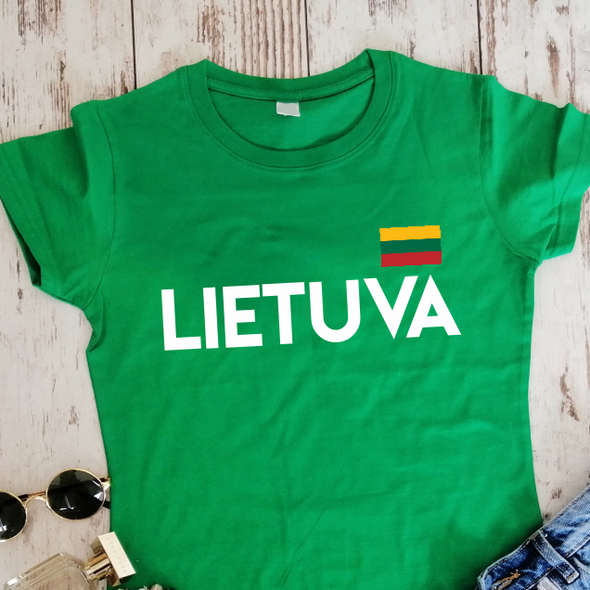 Žali moteriški marškinėliai "Lietuva su maža vėliava"