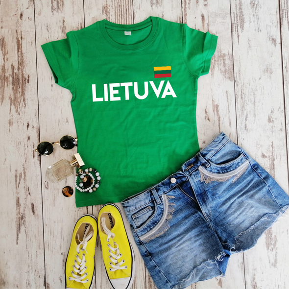 Žali moteriški marškinėliai "Lietuva su maža vėliava"